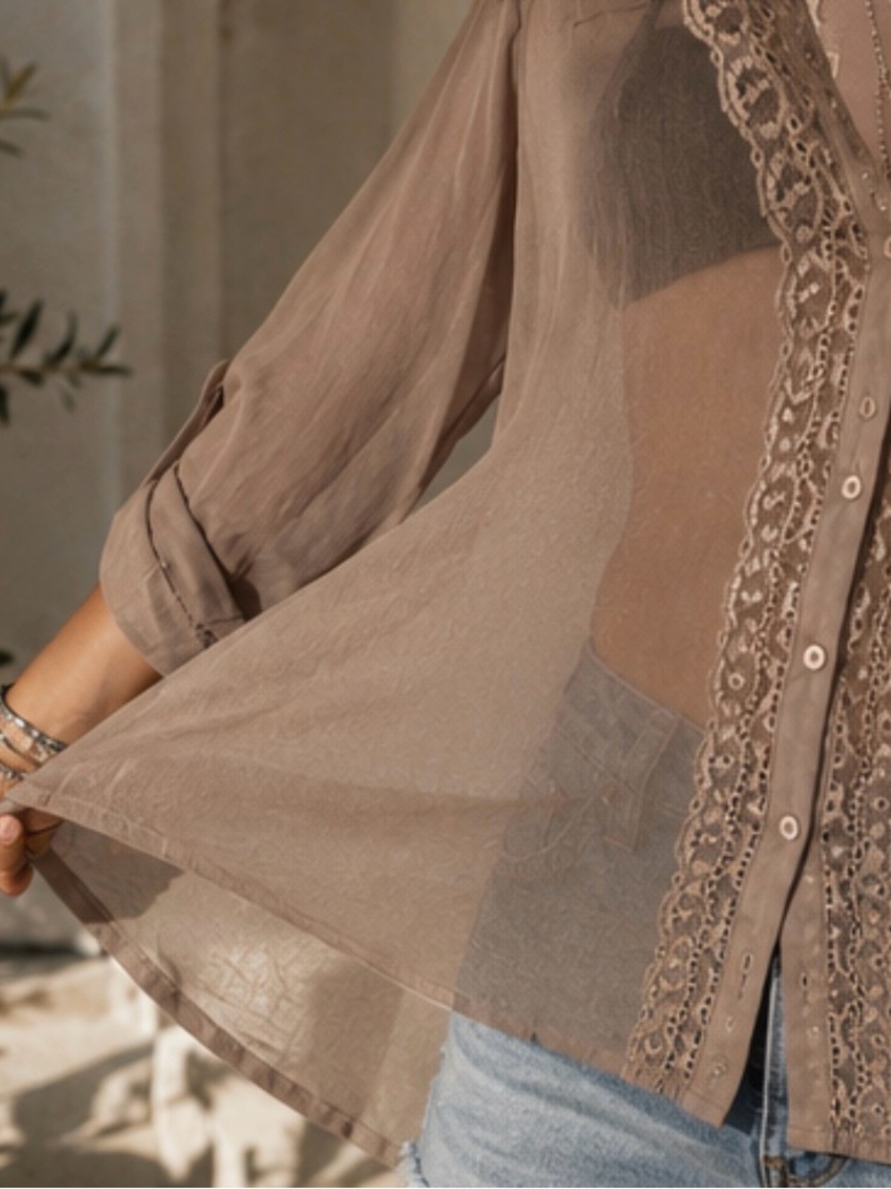 Love Stitch Taupe Lace-Trim Semi-Sheer Blouse - Picture 6 of 13